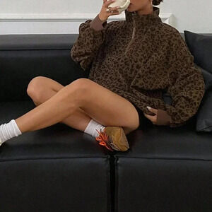 Brown Casual Women's Zip Up Front Long Sleeve Leopard Print Sweatshirt